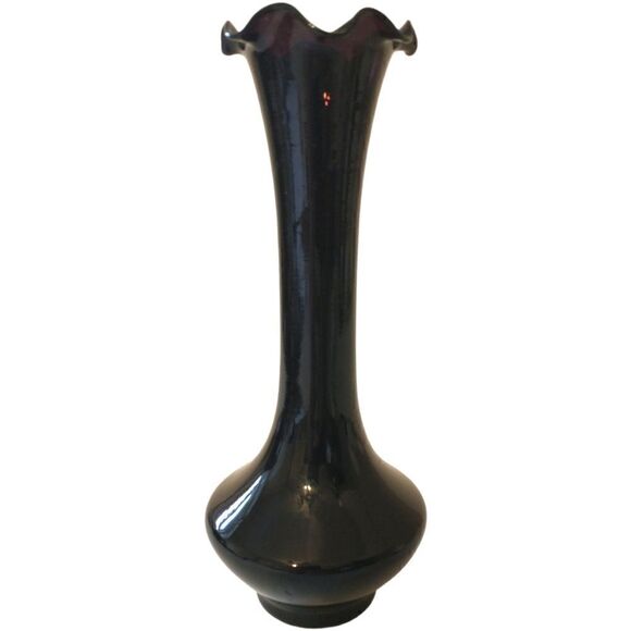 Black Amethyst Vase Glass Bud Transferware Vtg Shiah Yih Ruffled Edge Floral - Picture 9 of 16